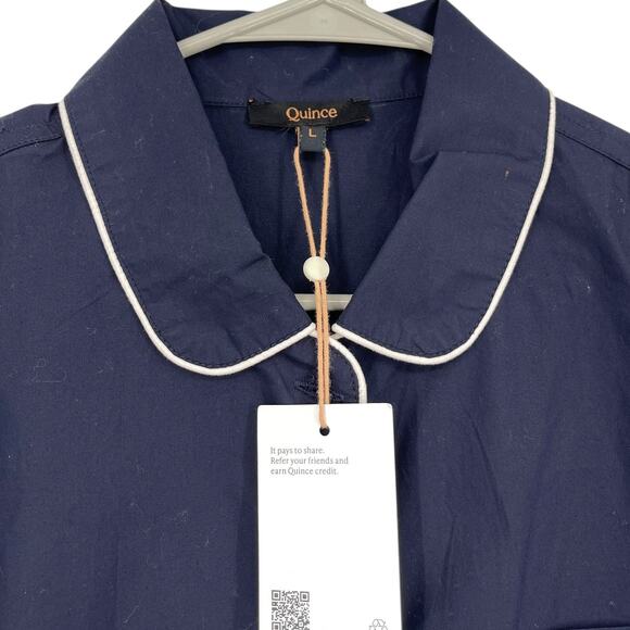 Quince 100% Organic Cotton Pajama Top Womens M Navy Piped Button Sleep Shirt NWT - Picture 3 of 3